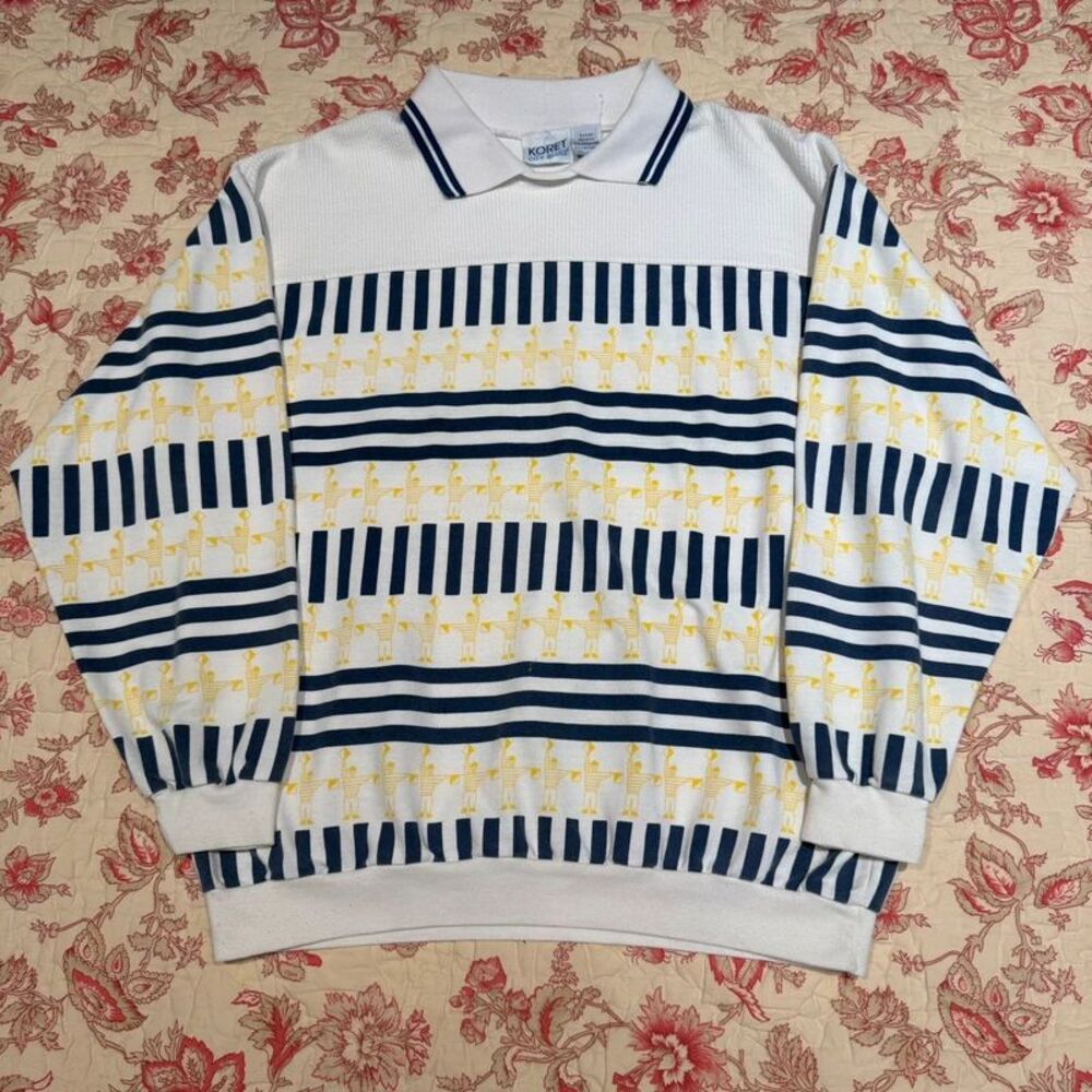 Vintage 90s AOP Korey City Navy Blue and Yellow Collar Crewneck Grandpa Sweater